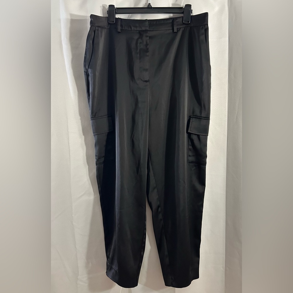 Nicole Miller New York Black Satin Cargo Pants | Size XL | Sleek & Chic